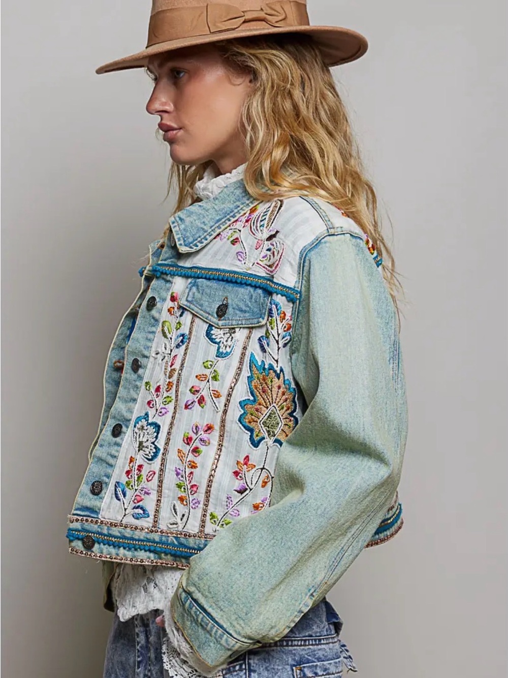 POL denim beaded sequin boho western tapestry patchwork floral jean jacket coat - Picture 4 of 5